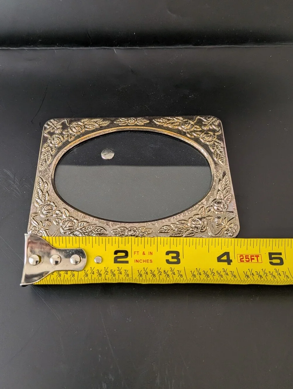 Victorian Ornate Silver Plated Small Oval Embossed Floral Rose Picture Frame 3x4
